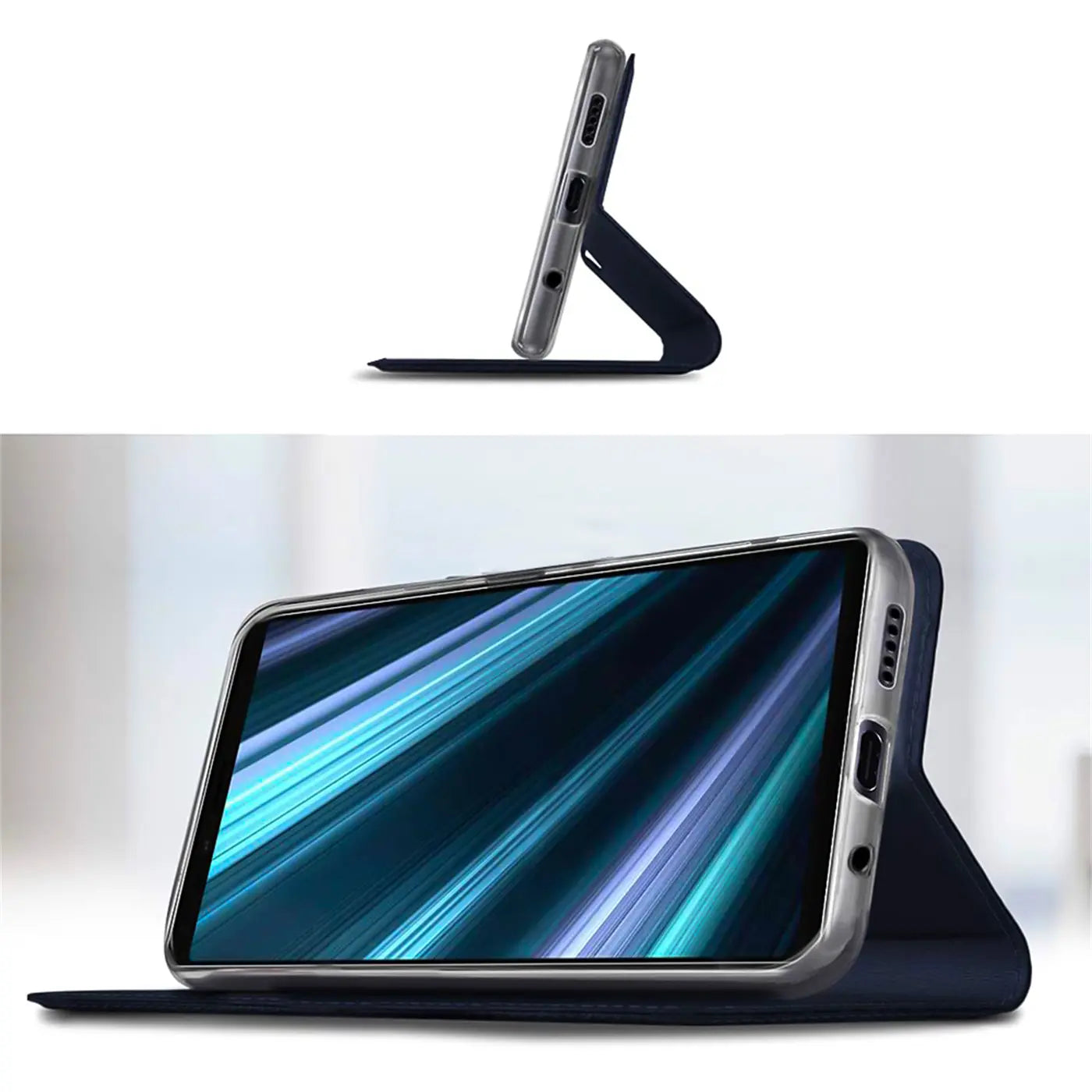 Sony Xperia 10 II in dunkelblauer Metallic Flip Hülle, als Ständer genutzt, seitliche Ansicht, Display aktiv.