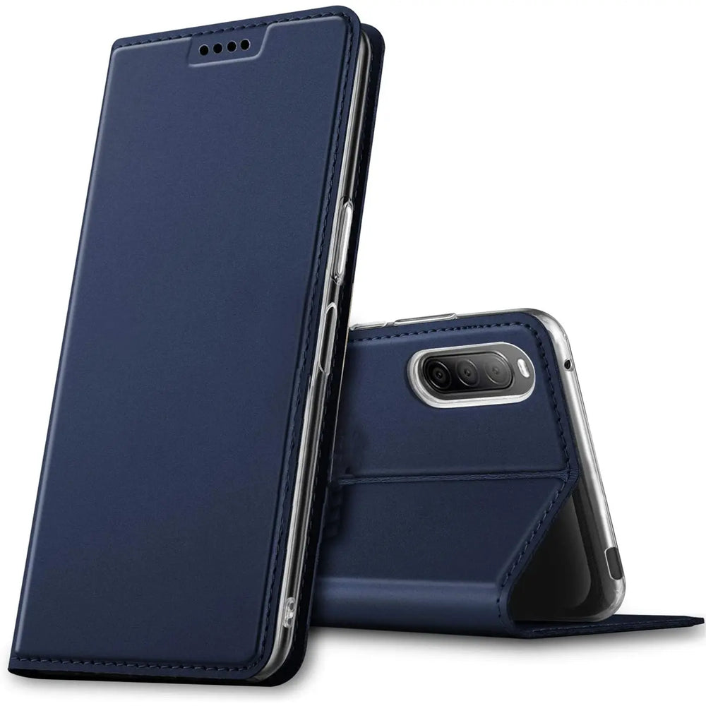Dunkelblaue Kunstleder Flip Hülle für Sony Xperia 10 III, stehend und liegend, von schräg vorne.