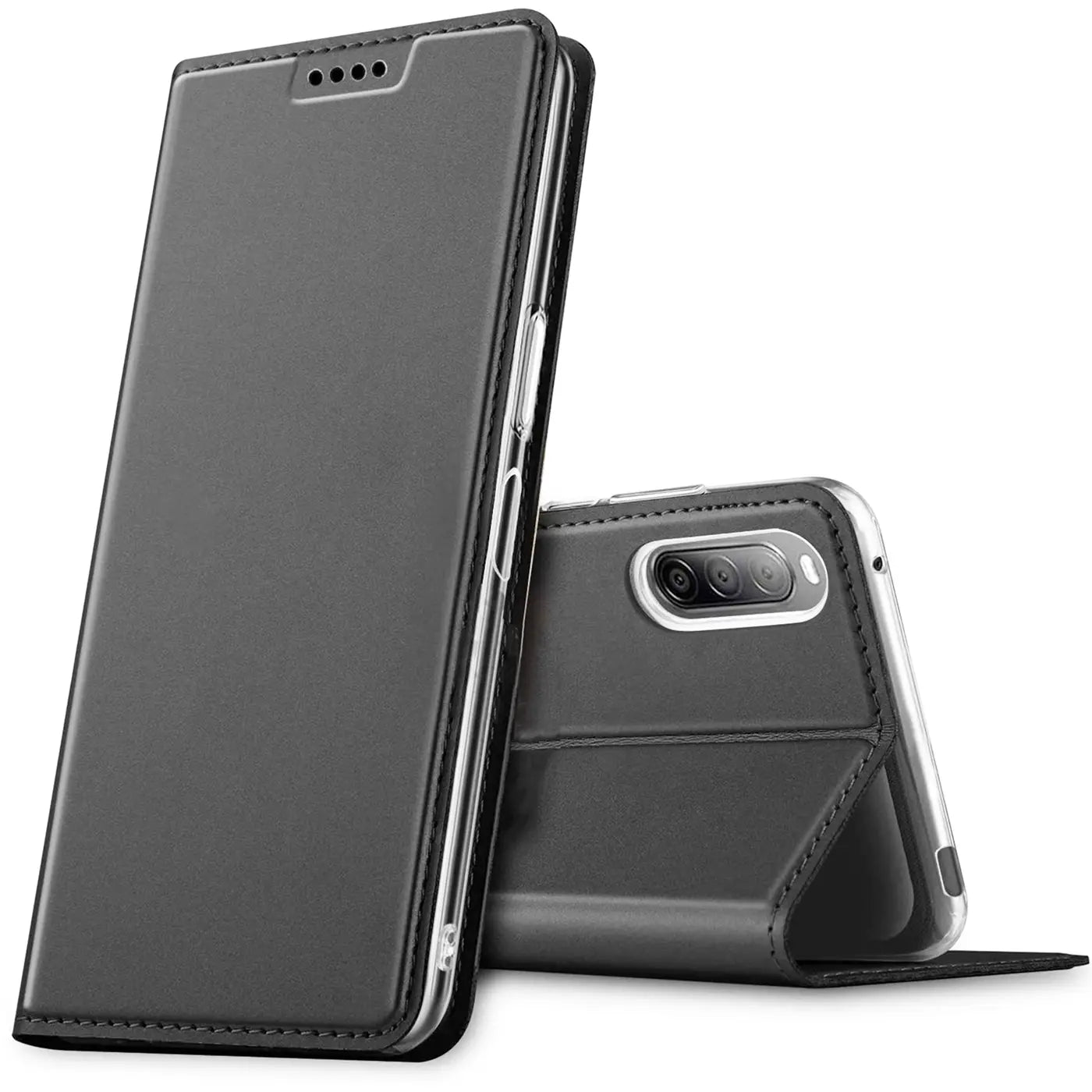 Dunkelgraue Metallic Flip Hülle für Sony Xperia 10 IV, stehend und liegend als Ständer, Kunstleder, Vorderseite geschlossen.