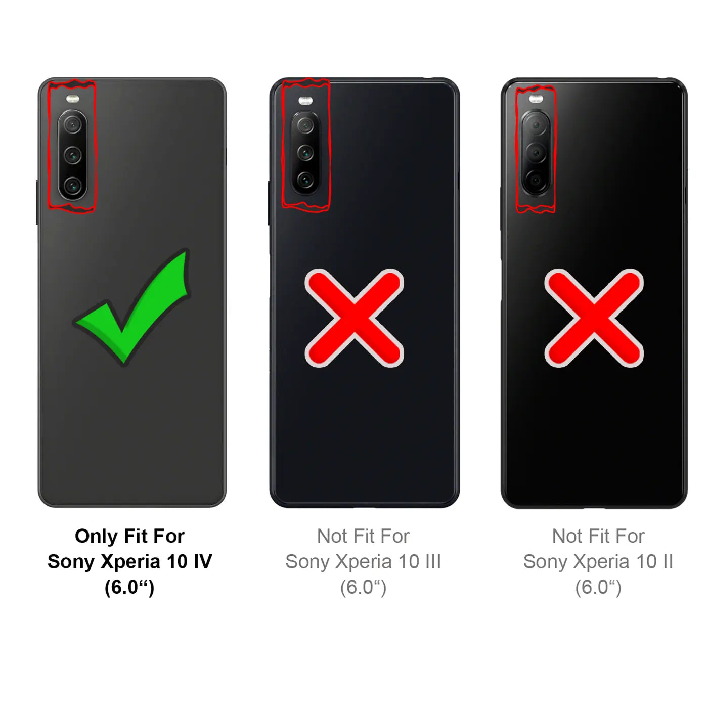 Drei schwarze Sony Xperia Smartphones von hinten, Vergleich der Kameraausschnitte mit Hülle.
