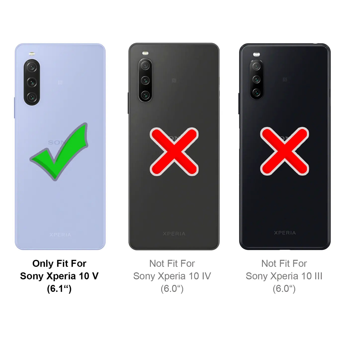 Rückansicht von drei Sony Xperia Smartphones: Links ein hellblaues 10 V mit grünem Haken, rechts zwei dunkle mit rotem X.