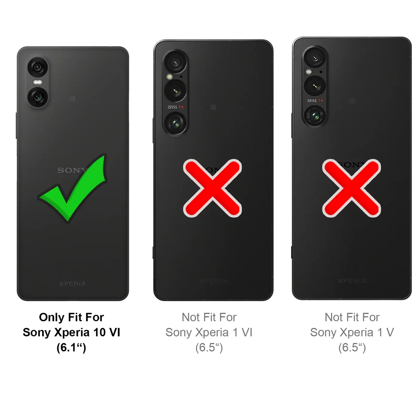 Drei schwarze Sony Xperia Rückseiten von oben: links 10 VI mit grünem Haken, Mitte 1 VI mit rotem X, rechts 1 V mit rotem X.