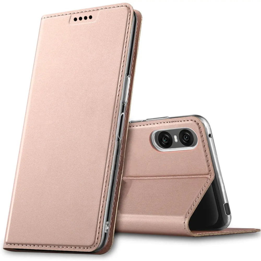 Roségoldene Metallic Flip Hülle für Sony Xperia 10 VI, stehend und liegend, Kunstleder, Vorder- und Rückseite sichtbar.