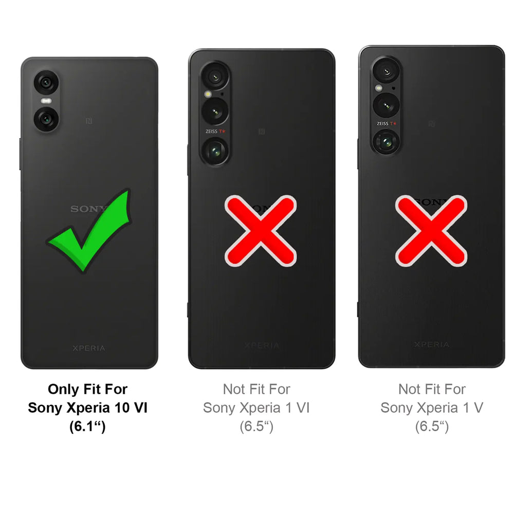 Rückseitenansicht von 3 schwarzen Sony Xperia Smartphones. Ein grüner Haken auf dem Xperia 10 VI, rote Kreuze auf den.