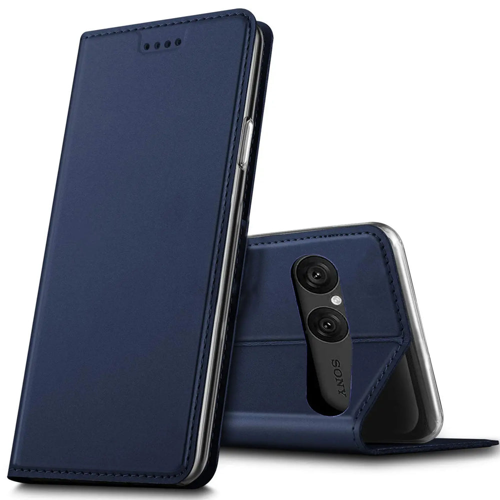 Dunkelblaue Leder-Flip-Hülle, von vorne und hinten, für Sony Xperia 10 VII.