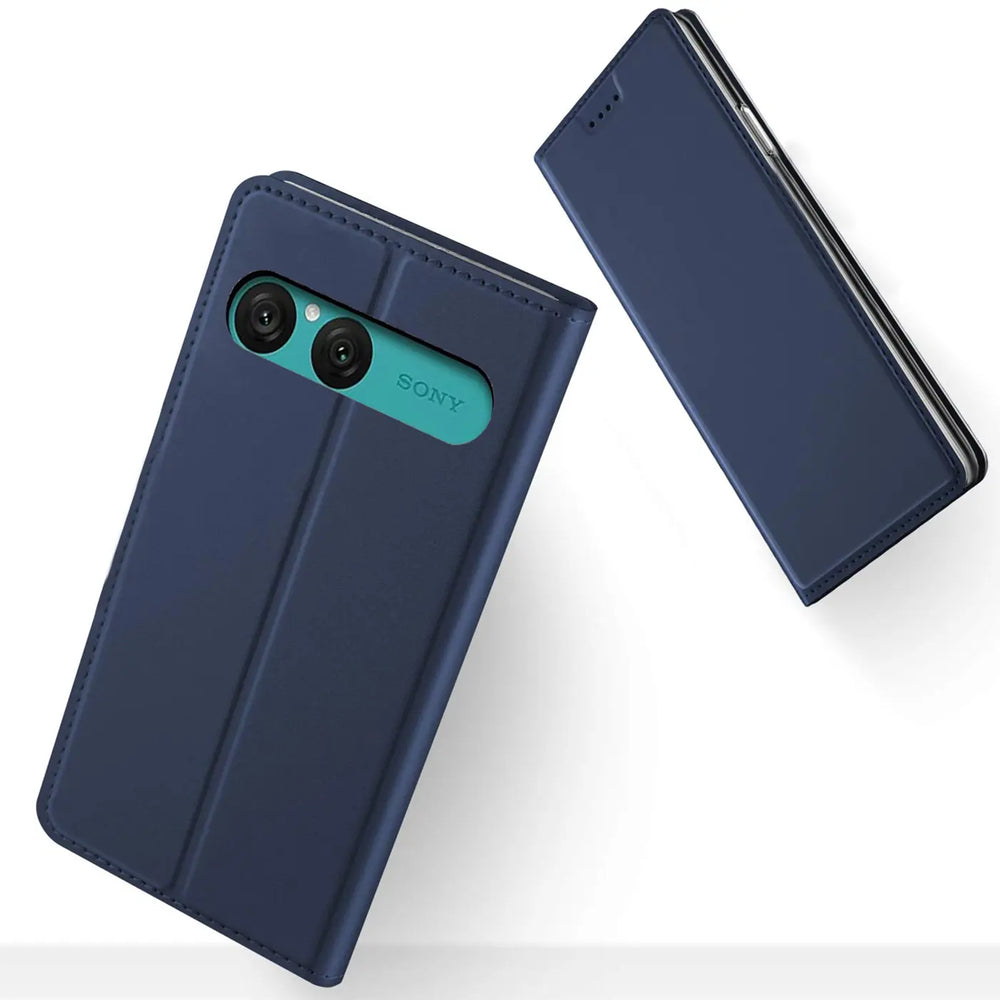 Dunkelblaue Leder-Flip-Hülle für Sony Xperia 10 VII, von oben schräg fotografiert.