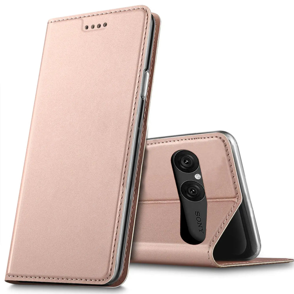 Metallic rosegoldene Klapphülle aus Lederimitat für Sony Xperia 10 VII, von vorne und hinten gezeigt.
