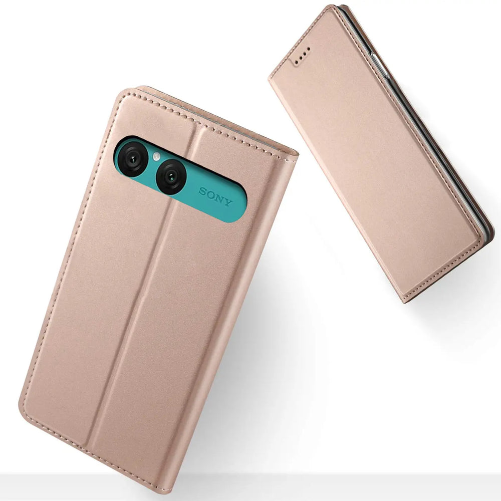 Roségoldene Klapphülle aus Kunstleder für Sony Xperia 10 VII, Vorderansicht.