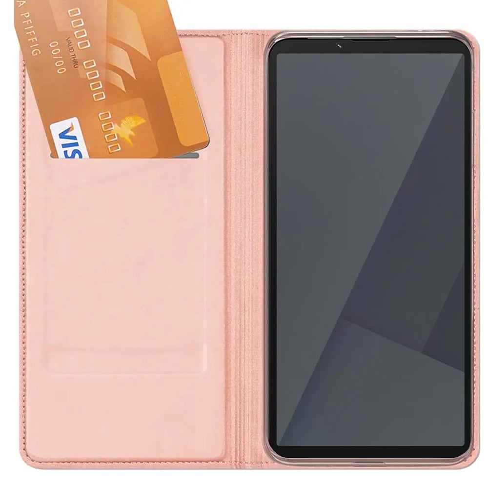 Rosa Leder-Flip-Hülle mit Kartenfach, Sony Xperia 10 VII, von vorne