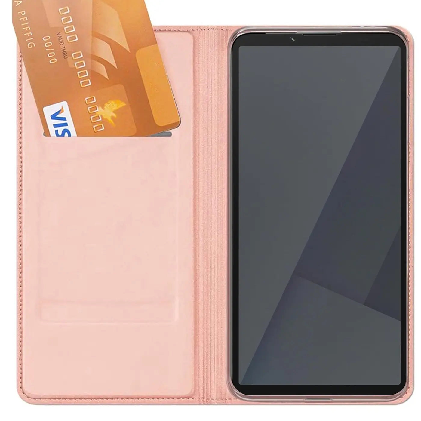 Rosa Leder-Flip-Hülle mit Kartenfach, Sony Xperia 10 VII, von vorne