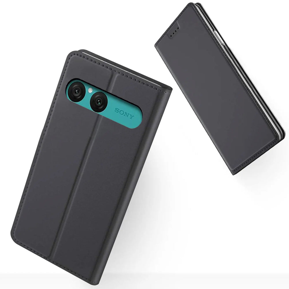 Graue Kunstleder-Flip-Hülle für Sony Xperia 10 VII, von vorne/oben, mit sichtbarem Kameramodul.