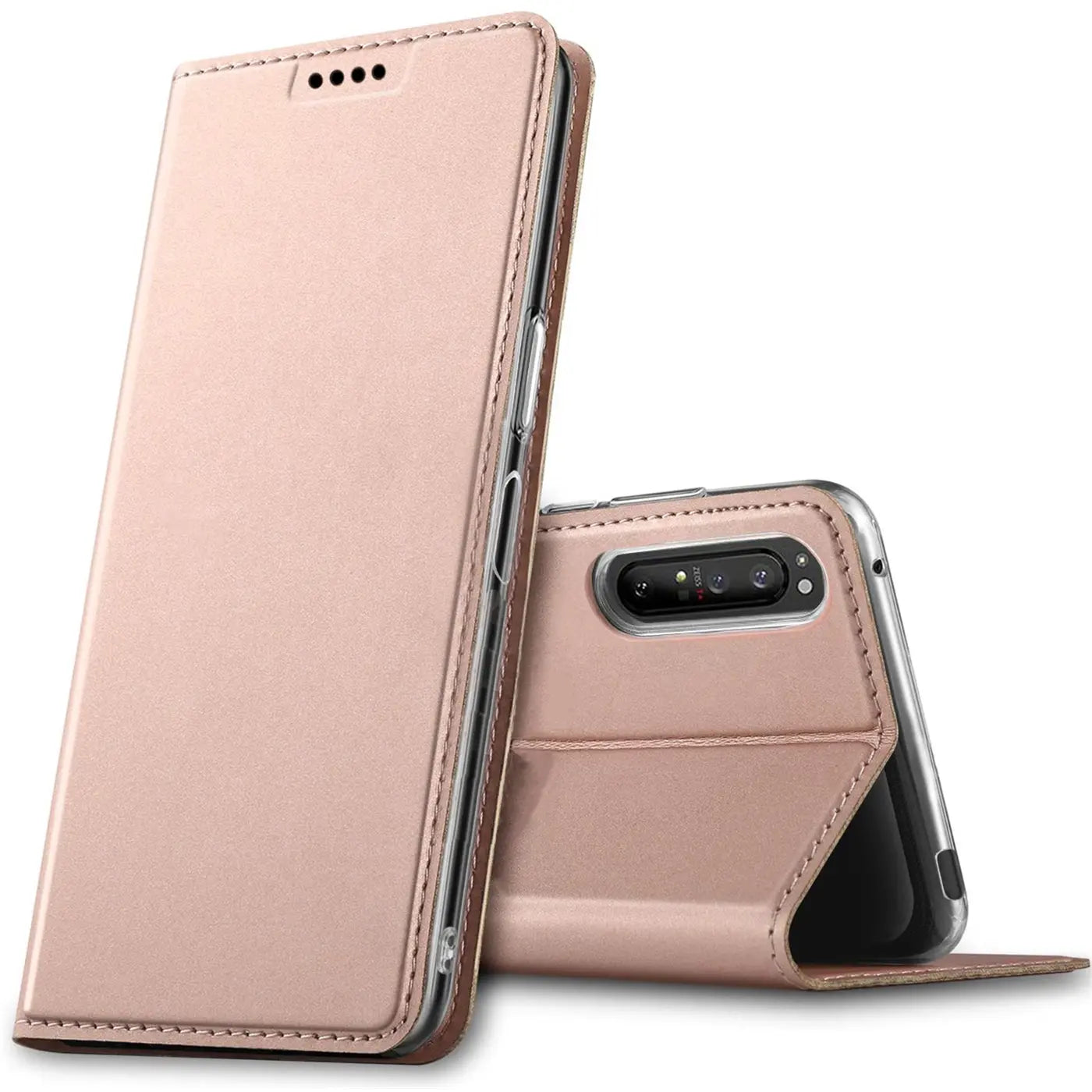 Roségoldene Metallic Flip Hülle für Sony Xperia 1 II, stehend und liegend, von vorne und hinten sichtbar.