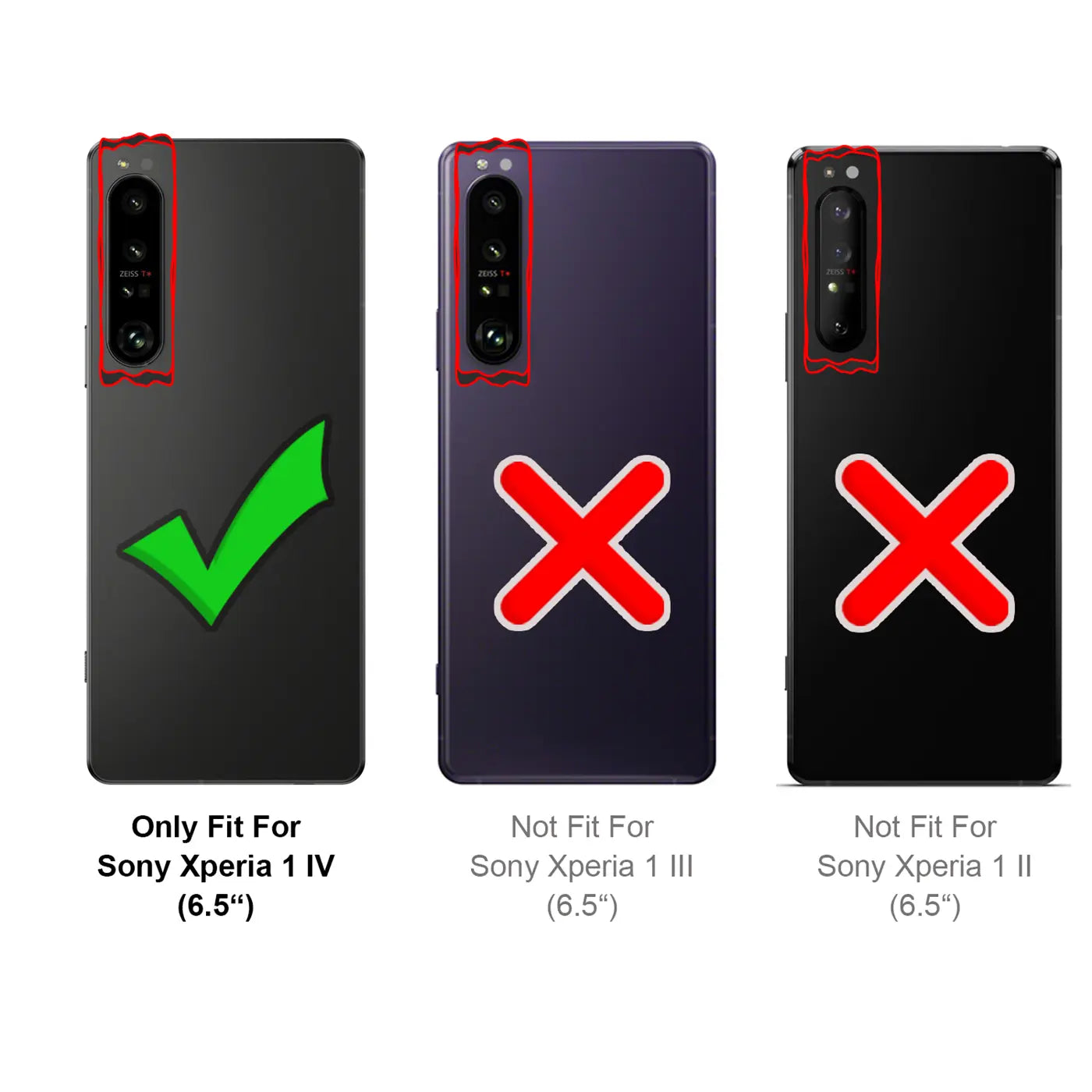 Drei Sony Xperia Smartphones (1 IV, 1 III, 1 II) von hinten, schwarz/lila, mit grünen Haken und roten X-Symbolen.