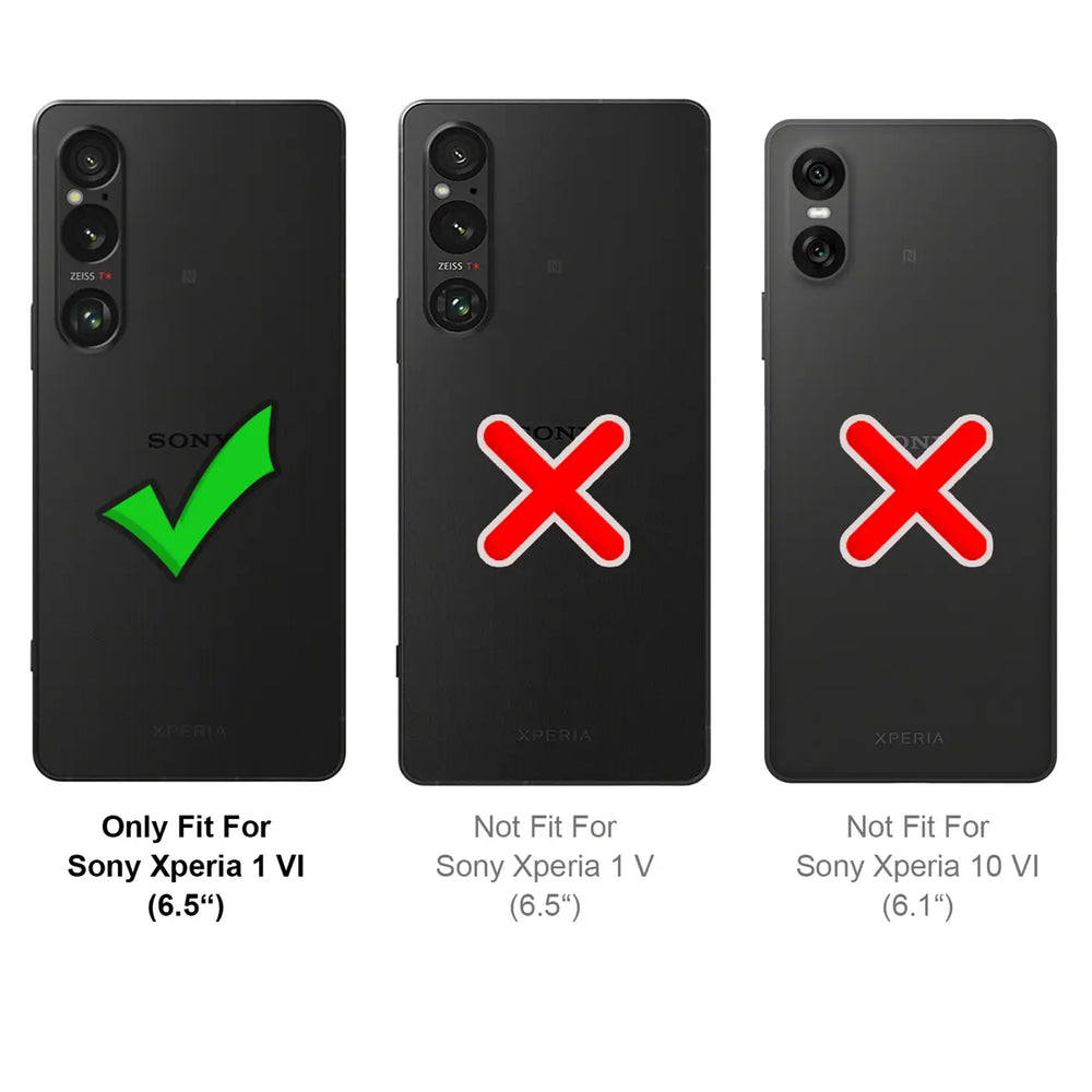 Drei schwarze Sony Xperia Rückseiten, von oben gesehen. Links ein Xperia 1 VI mit grünem Haken, rechts zwei mit rotem X.