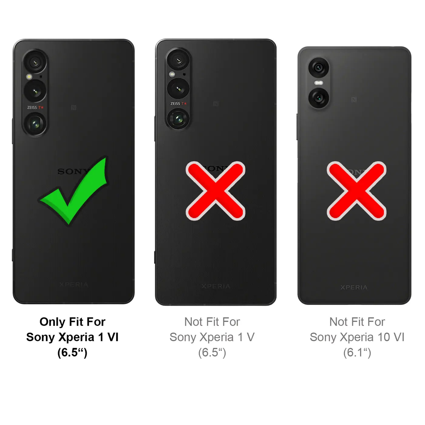 Drei schwarze Sony Xperia Rückseiten, von oben gesehen. Links mit grünem Haken: Xperia 1 VI. Mitte/rechts mit rotem X:.