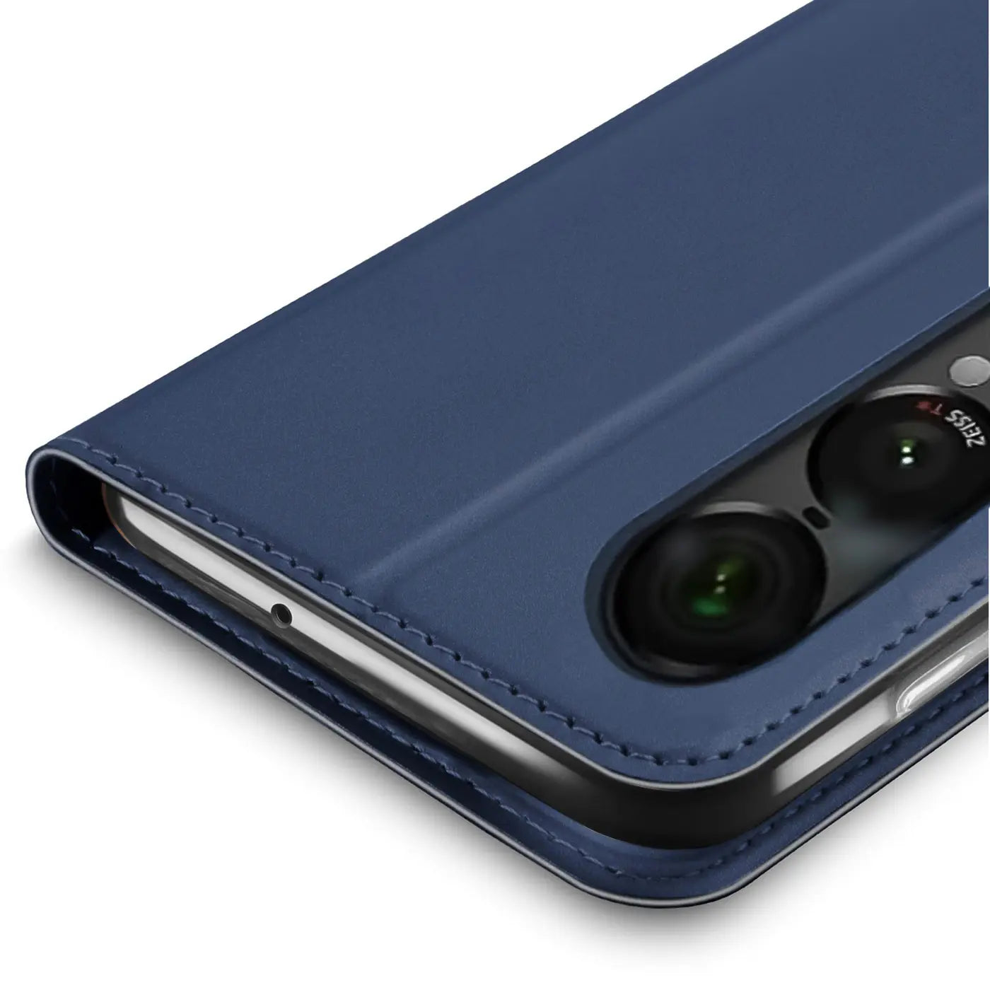 Blaue Leder-Flip-Hülle, Nahaufnahme, Sony Xperia 1 VII Kamera sichtbar.