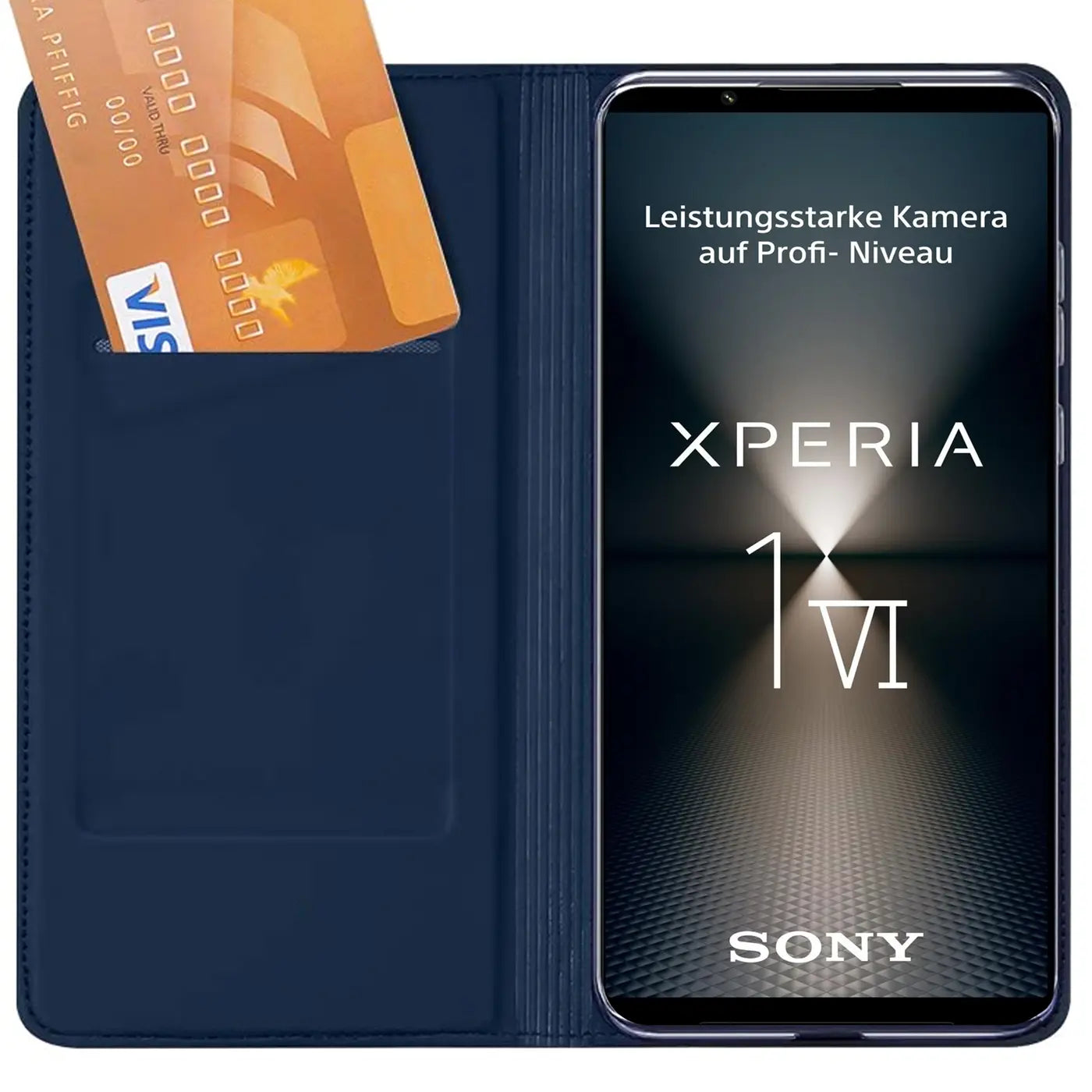 Dunkelblaue Kunstleder-Flip-Hülle mit Kartenfach, Sony Xperia 1 VI.