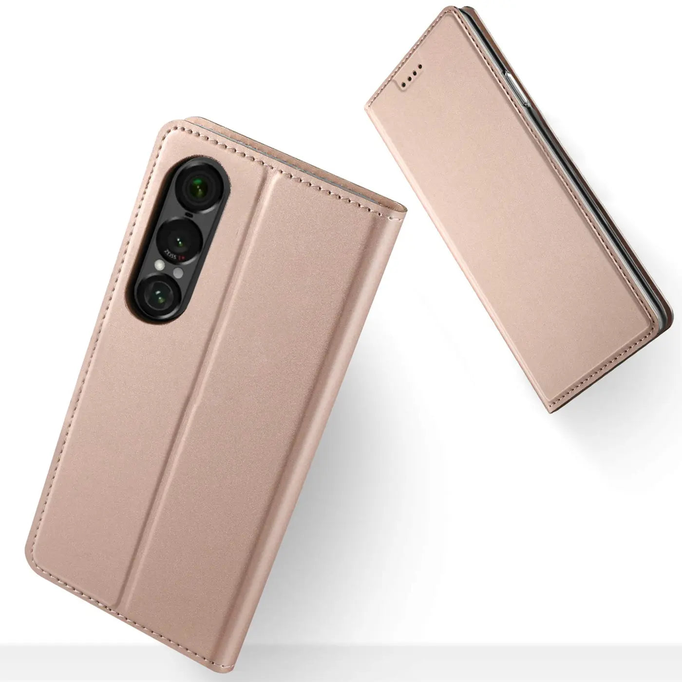 Roségoldene Klapphülle aus Kunstleder mit sichtbarer Kamera für Sony Xperia 1 VII.