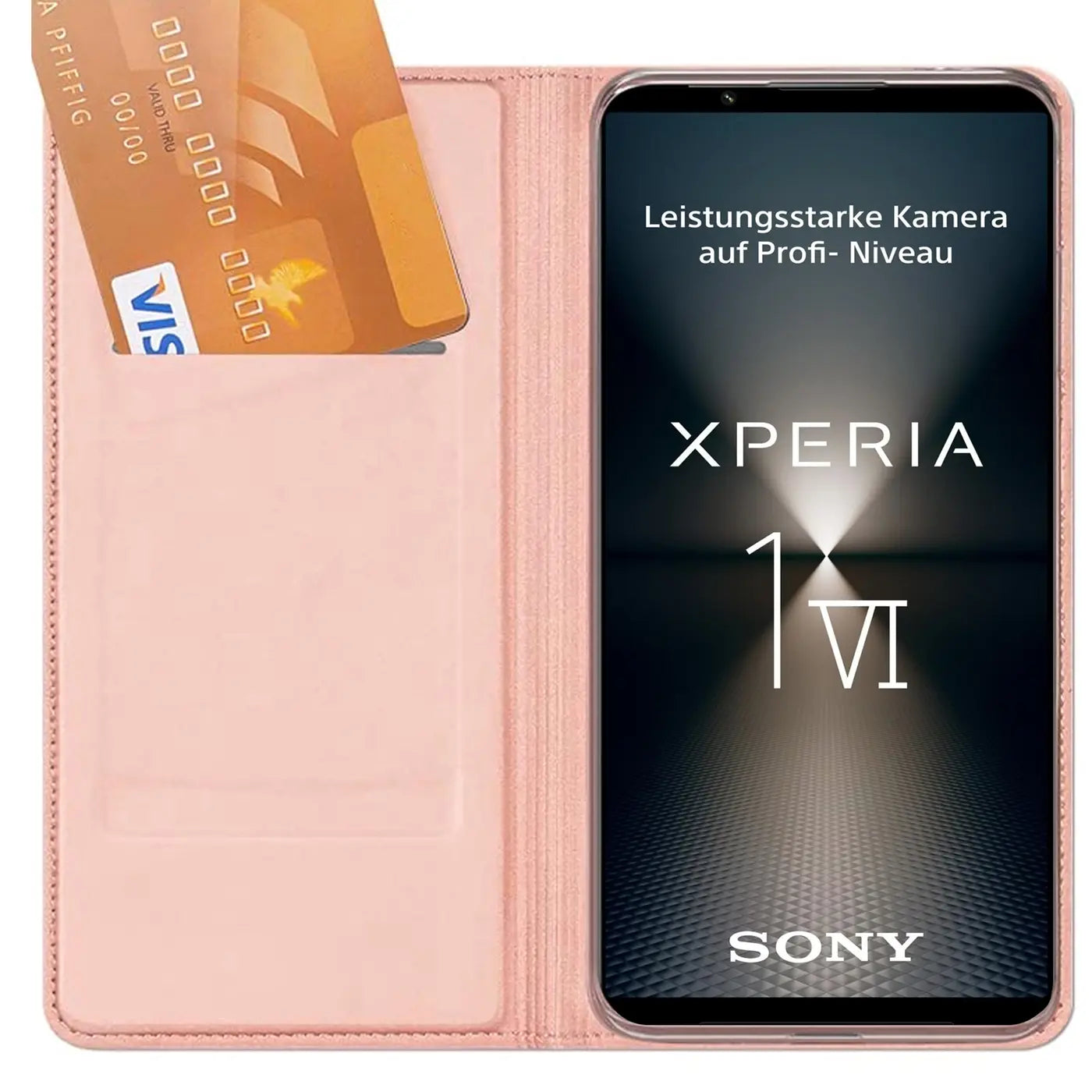Rosa Kunstleder-Flip-Hülle mit Kartenfach, zeigt Sony Xperia 1 VI.