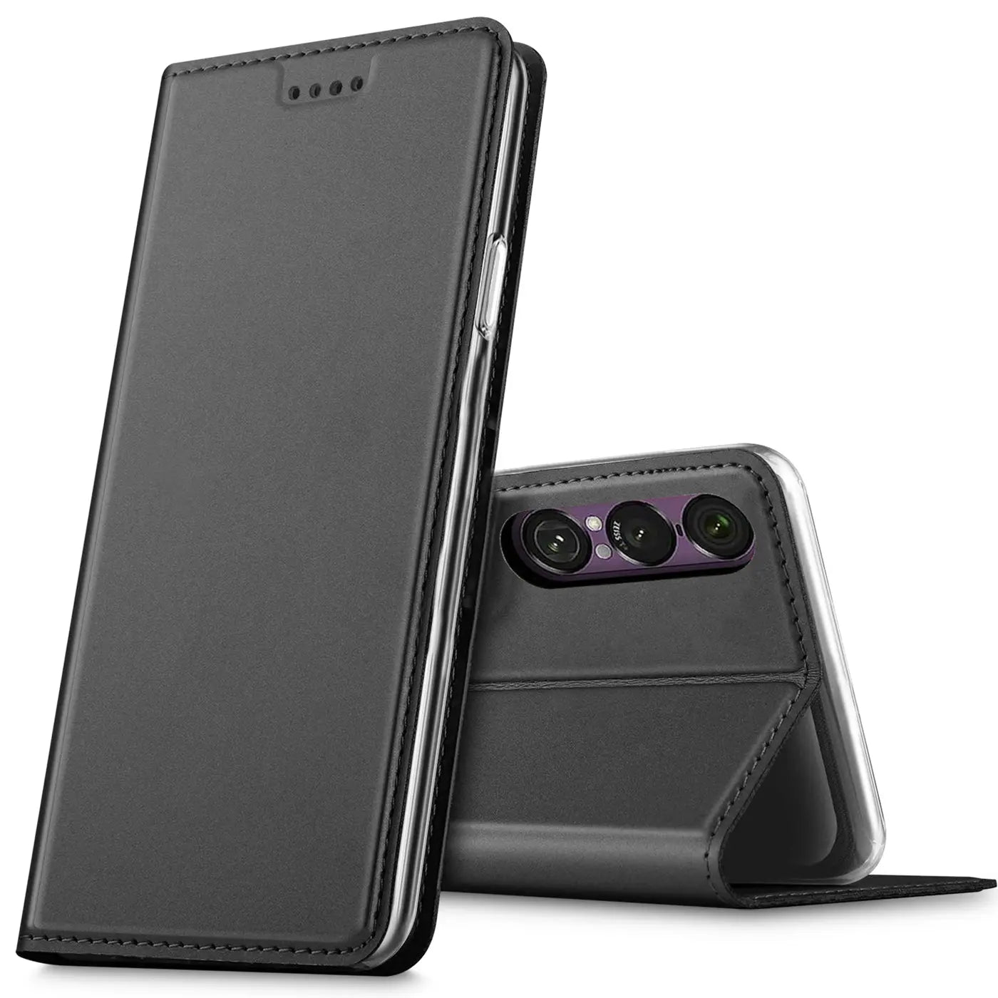Schwarze Leder-Flip-Hülle für Sony Xperia 1 VII, von vorne und hinten gezeigt.