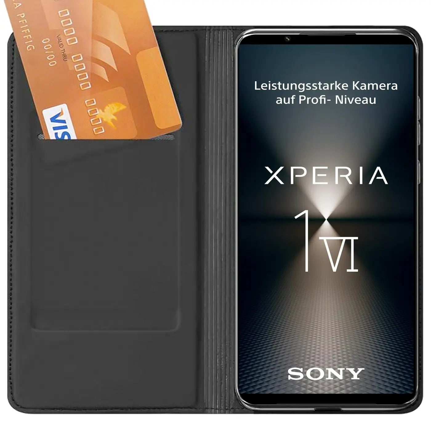 Schwarze Leder-Flip-Hülle mit Kartenfach, zeigt Sony Xperia 1 VI.