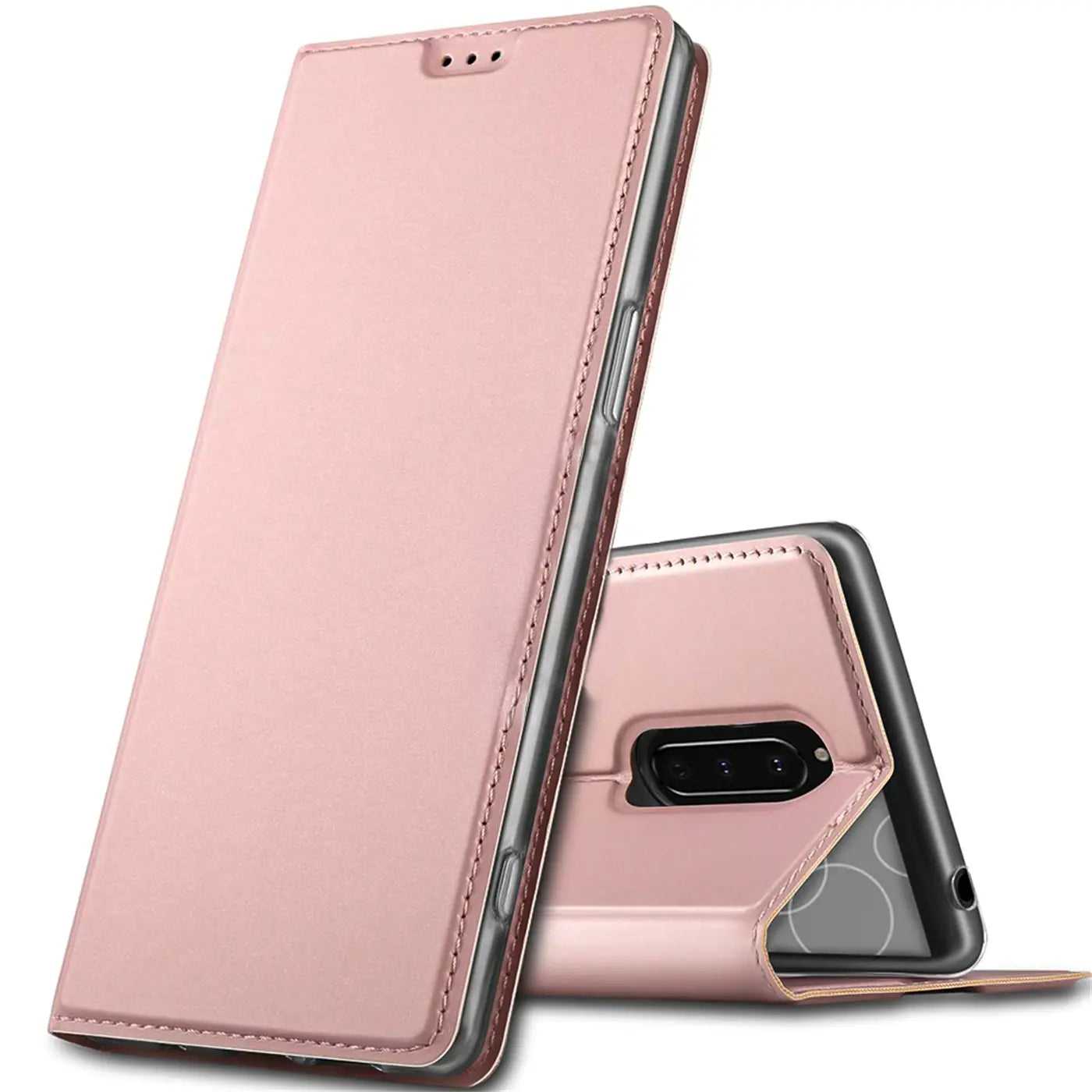 Rosafarbene Metallic Flip Hülle für Sony Xperia 1, stehend, leicht geöffnet, mit sichtbarer Kamera.