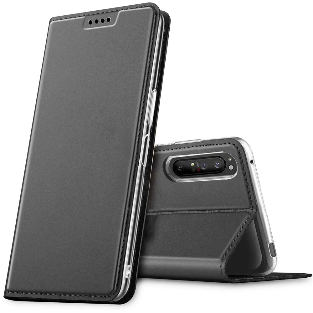 Dunkelgraue, aufklappbare Kunstlederhülle für Sony Xperia 5 II, stehend und liegend mit sichtbarer Kamera.