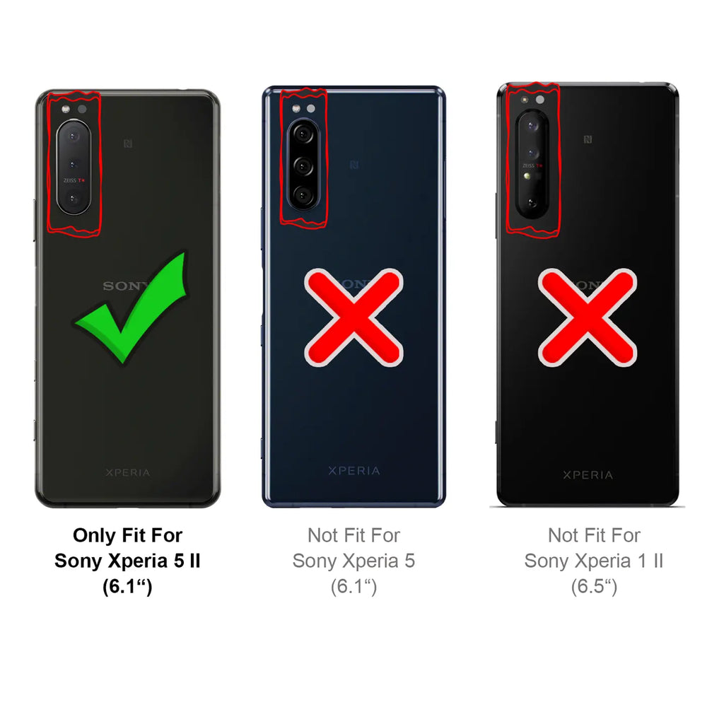 Rückseite von 3 Sony Xperia Handys (schwarz, blau, schwarz) mit grüner Haken- und roten X-Symbolen zur Kompatibilität.