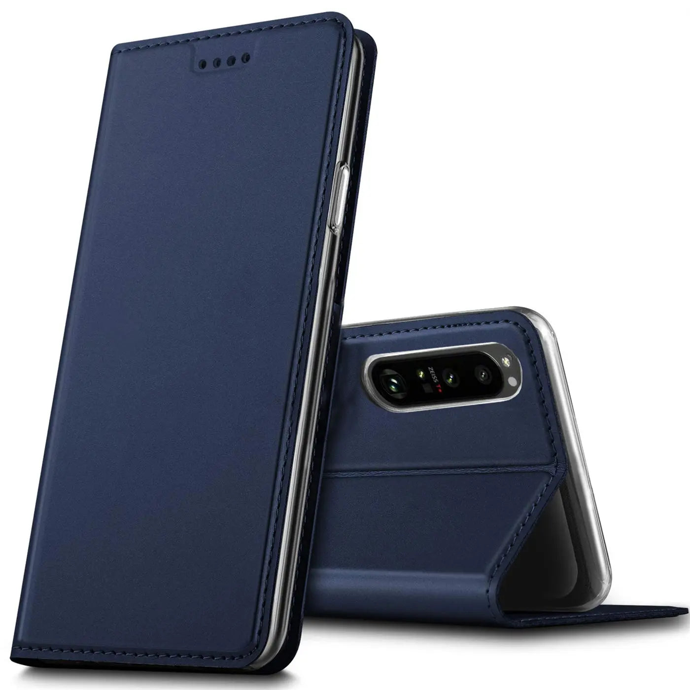 Dunkelblaue Kunstleder Flip Hülle für Sony Xperia 5 III, aufrecht stehend und als Ständer genutzt, von vorne/hinten.