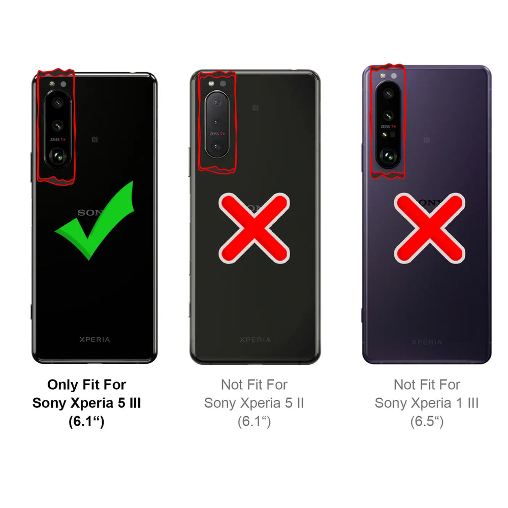 Rückansicht von drei Sony Xperia Smartphones (schwarz, grau, lila) mit Kamera-Highlight, passend für Xperia 5 III.