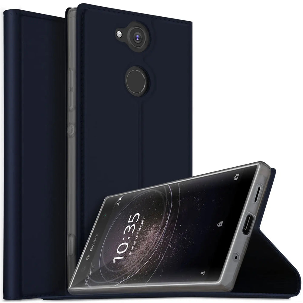 Dunkelblaue Metallic Flip Hülle für Sony Xperia XA2, stehend und liegend, von vorne und hinten sichtbar.