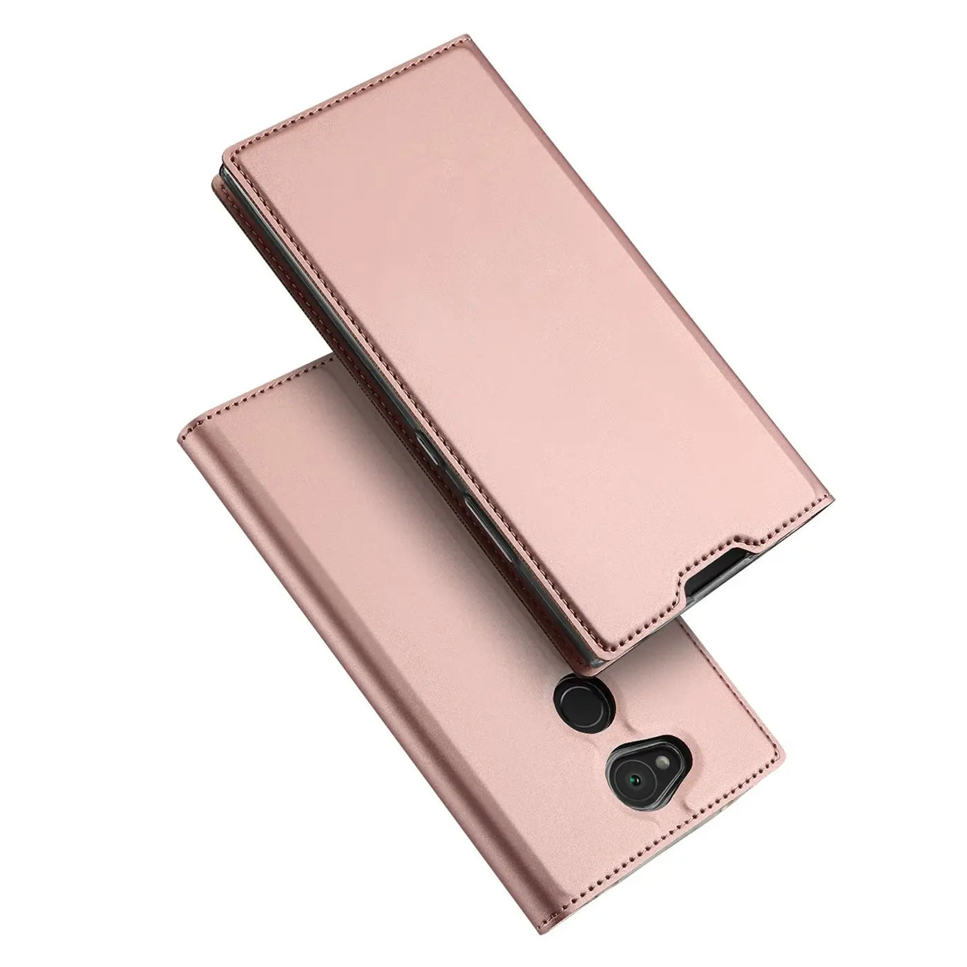 Zwei roségoldene Metallic Flip Hüllen für Sony Xperia XA2, eine offen, eine geschlossen, schräg von oben.