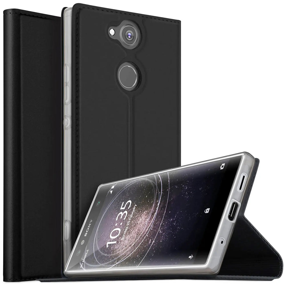 Schwarze, metallische Flip-Hülle für Sony Xperia XA2. Eine Hülle steht aufrecht, eine andere als Ständer mit Handy.