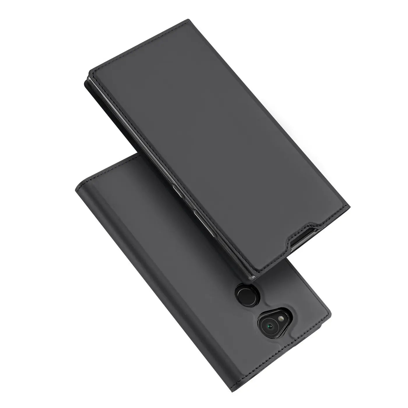 Schwarze, matte Kunstleder Flip Hülle für Sony Xperia XA2, leicht geöffnet, schräg von oben.