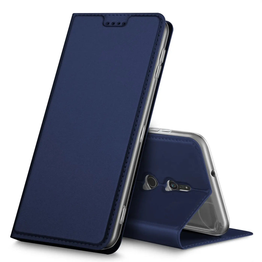 Dunkelblaue, klappbare Kunstlederhülle für Sony Xperia XZ2, vorne geschlossen, hinten als Ständer geöffnet.