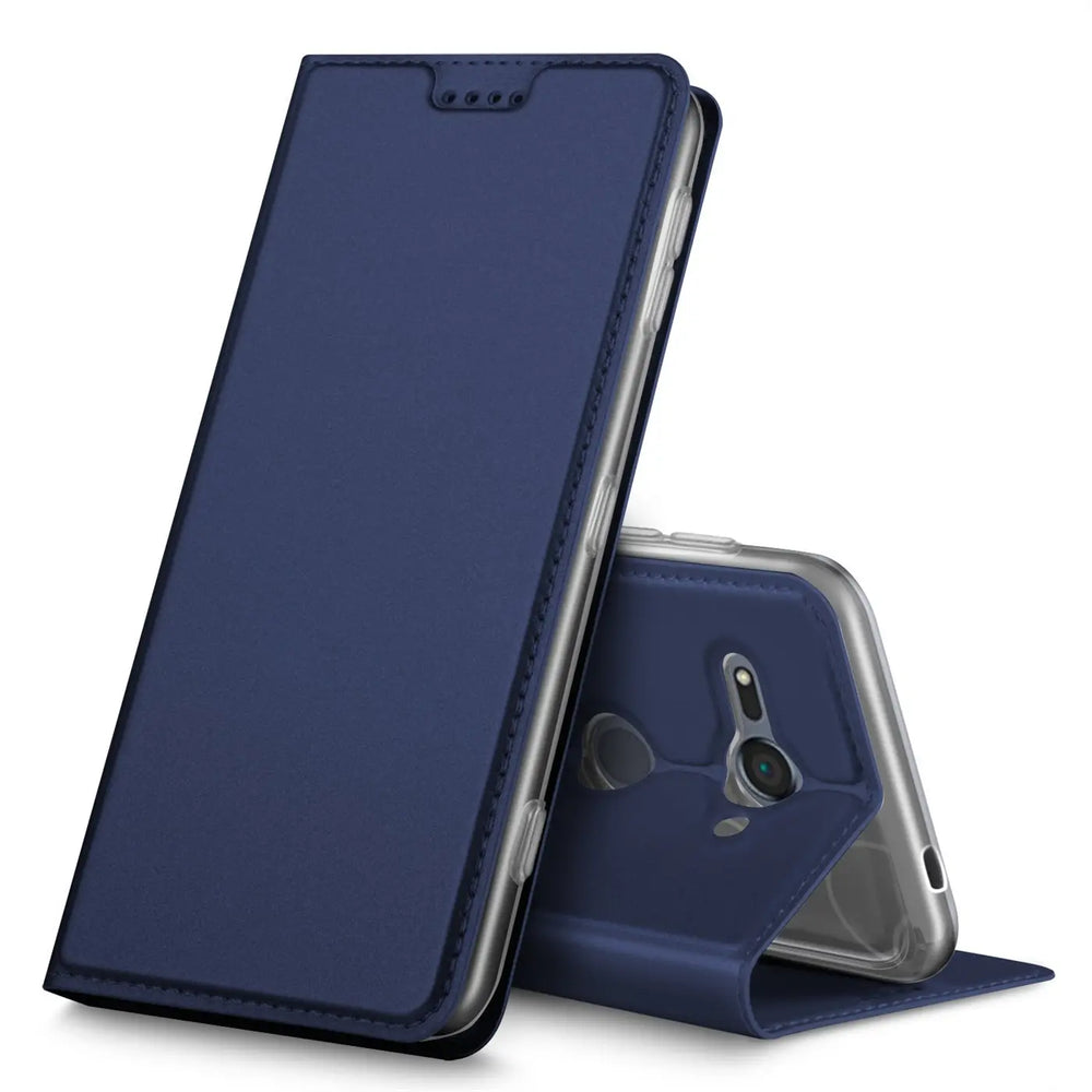 Dunkelblaue Metallic Flip Hülle für Sony Xperia XZ2 Compact, stehend und als Ständer, Vorder- und Rückseite sichtbar.