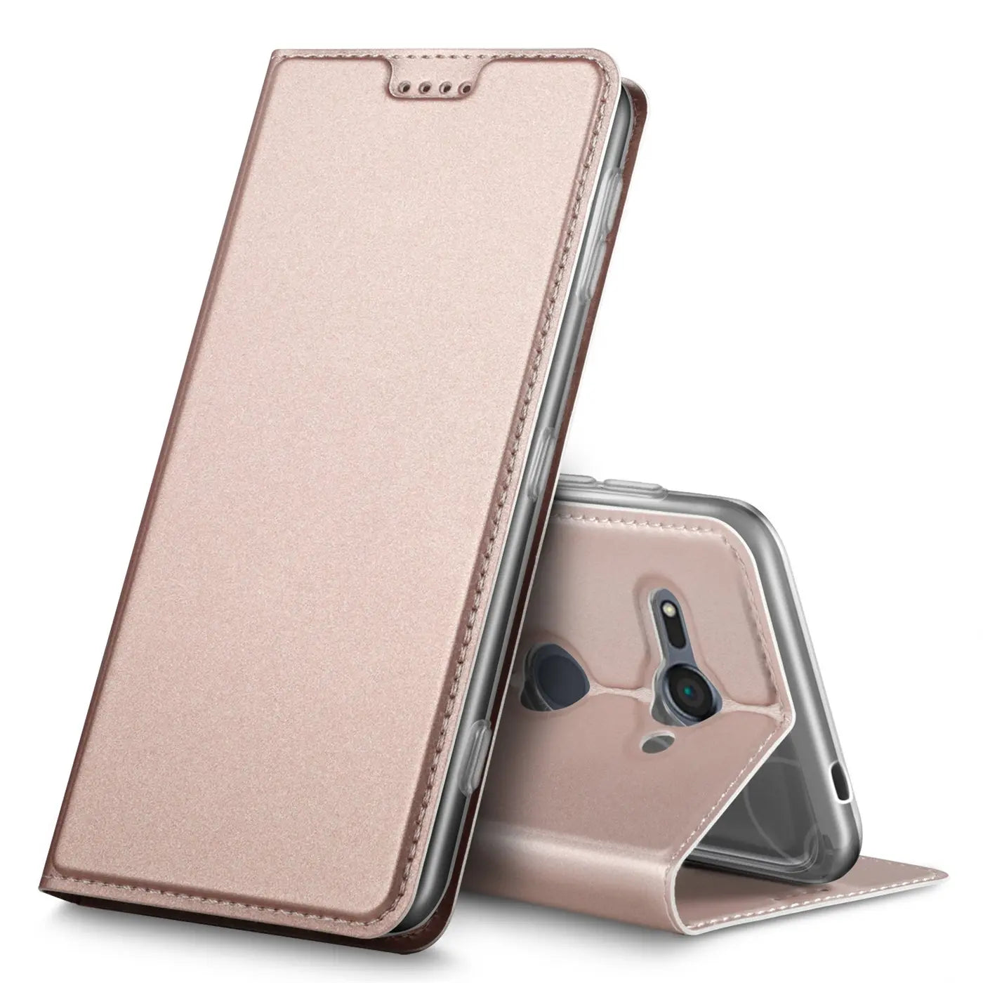 Roségoldene Metallic Flip Hülle aus Kunstleder für Sony Xperia XZ2 Compact, aufgestellt als Ständer, schräg von vorne.