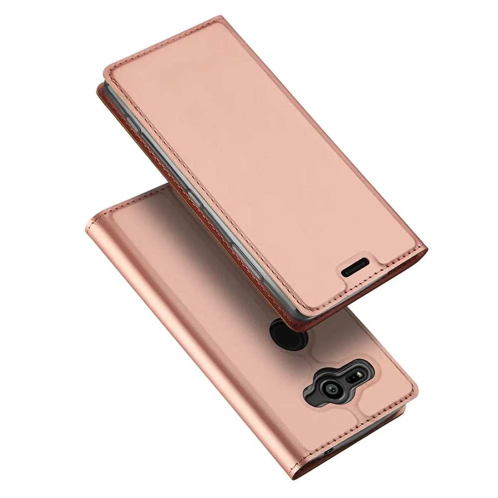 Roségoldene Metallic Flip Hülle für Sony Xperia XZ2 Compact, offen liegend, schräg von oben.