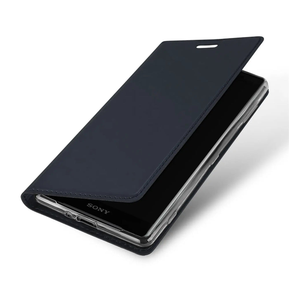 Dunkelblaue, metallisch glänzende Flip Hülle für Sony Xperia XZ2 Compact, leicht geöffnet, schräg von oben.