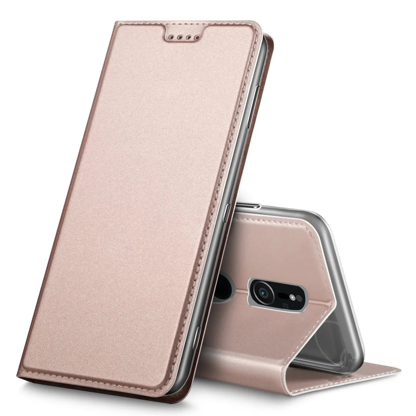 Roségoldene Metallic Flip Hülle für Sony Xperia XZ2, offen und als Ständer auf weißem Hintergrund, schräg von vorne.