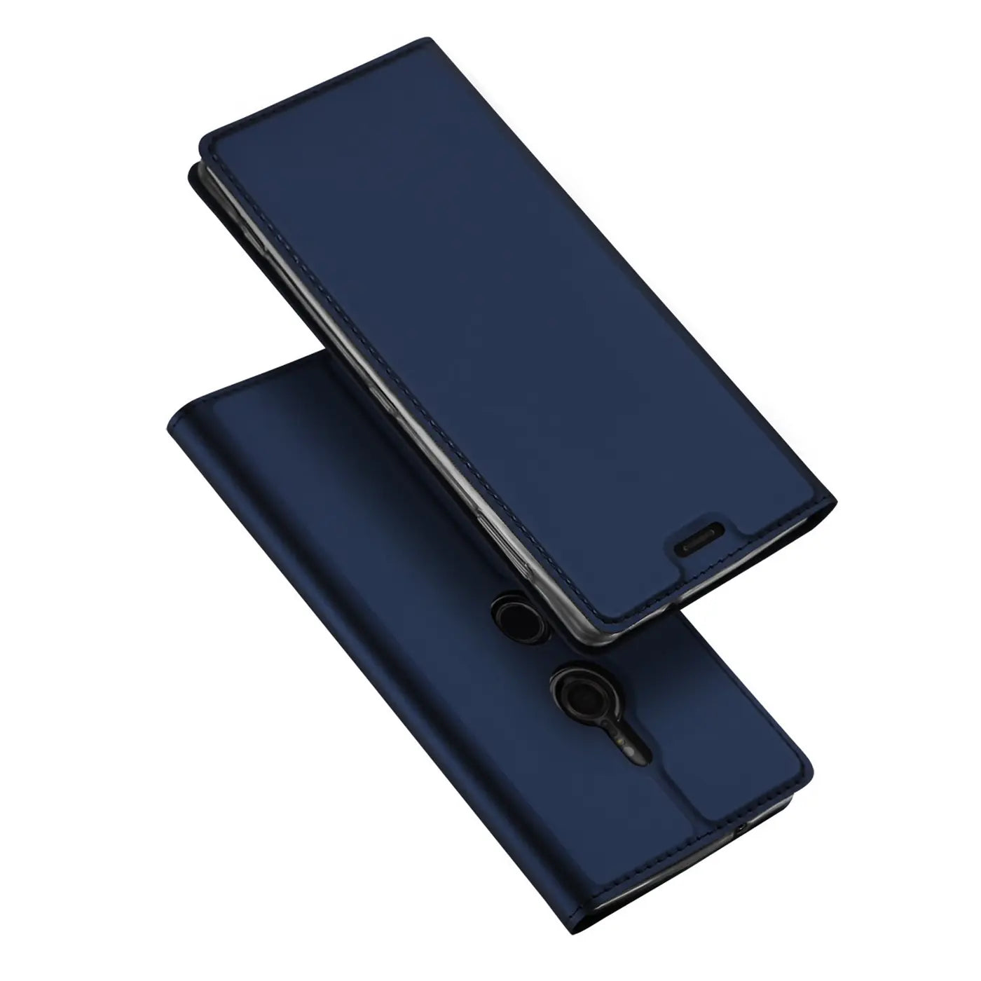 Dunkelblaue, klappbare Kunstlederhülle für Sony Xperia XZ3, schräg von oben mit offener Vorderseite.