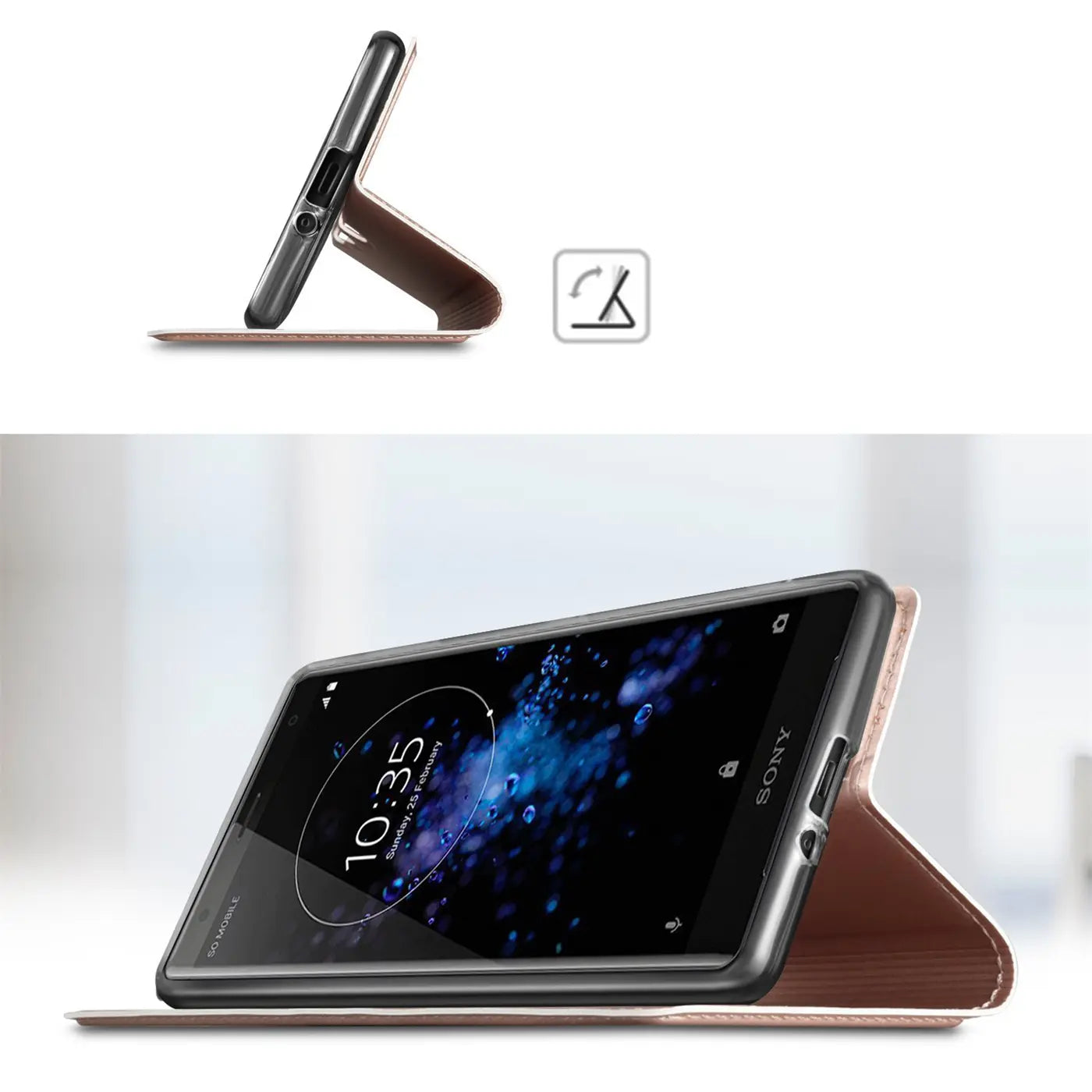 Sony Xperia XZ3 in brauner Metallic Flip Hülle, als Ständer aufgestellt, von vorne und seitlich.