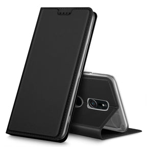 Schwarze Metallic Flip Hülle für Sony Xperia XZ3, stehend und aufgeklappt, Vorder- und Rückseite sichtbar.