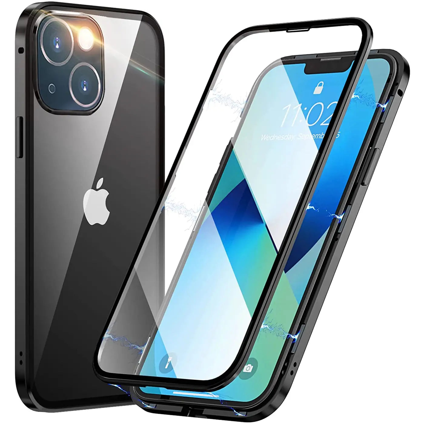 iPhone 13 Mini Hülle, schwarz, Metall/Glas, Seitenansicht, zerlegt