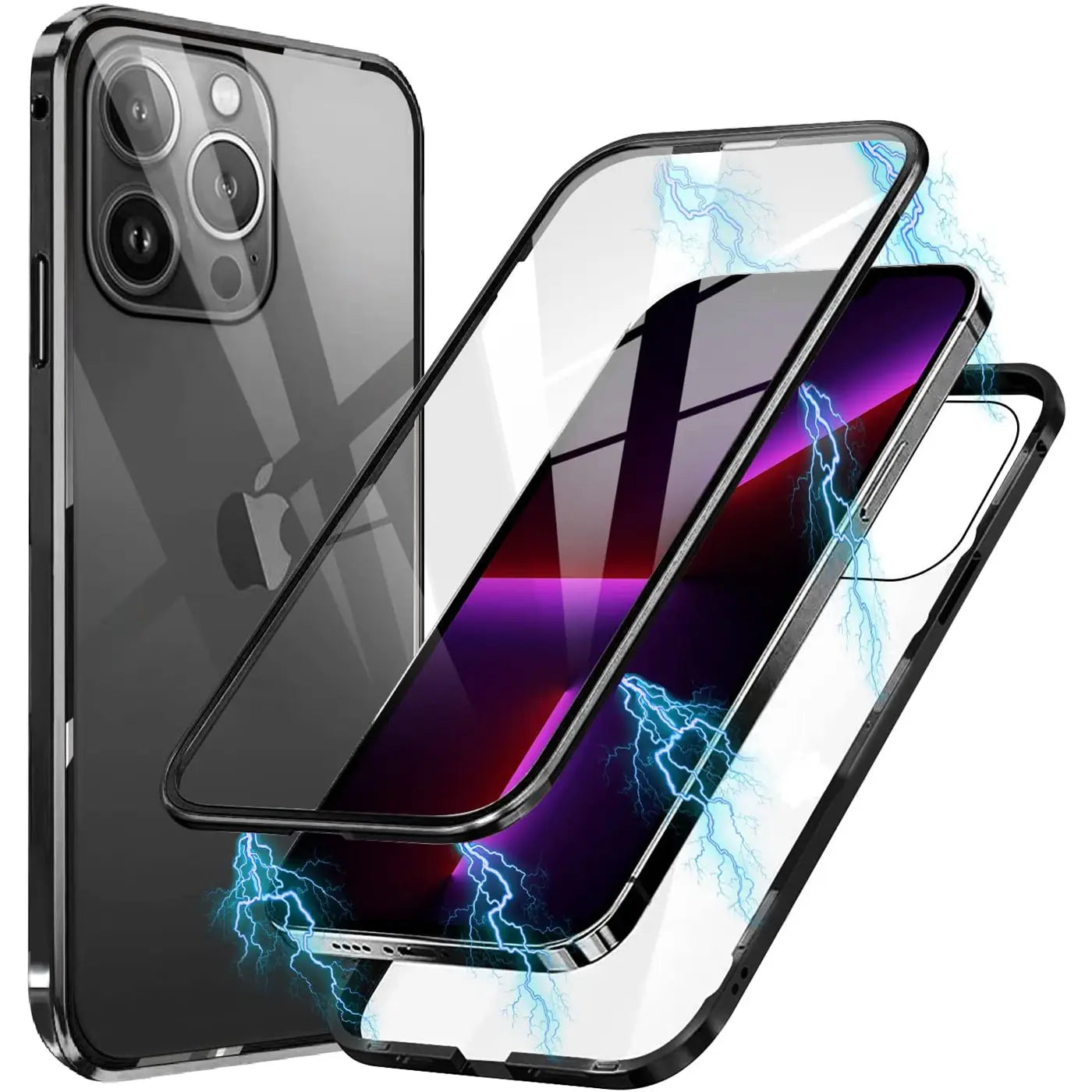 iPhone 13 Pro Hülle, transparent, Metallrahmen, 360° Magnetverschluss, Glasrückseite