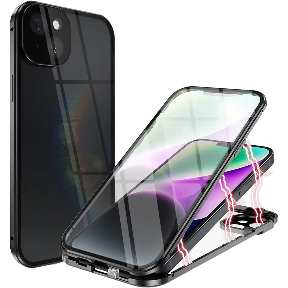 Schwarze Magnet Hülle mit Glas für iPhone 14, von vorne, zerlegt