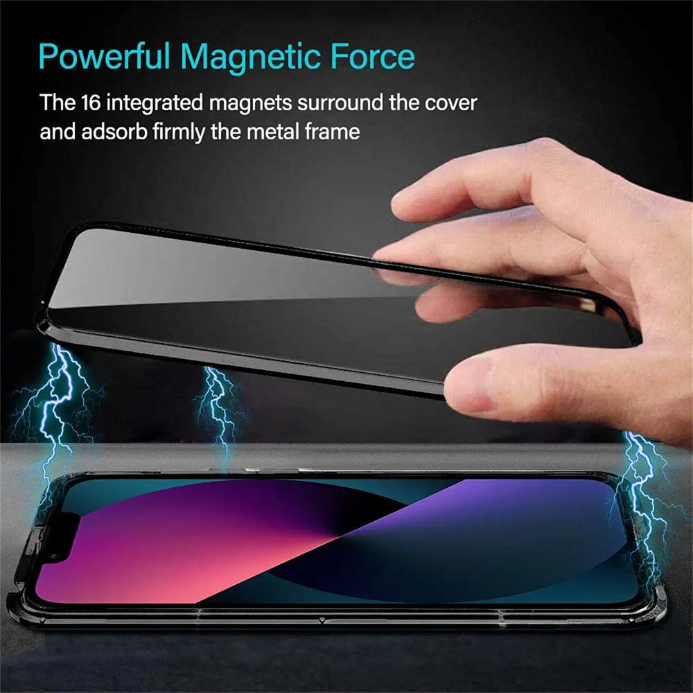 Schwarze Magnet Hülle aus Metall und Glas wird über iPhone 14 gehalten.