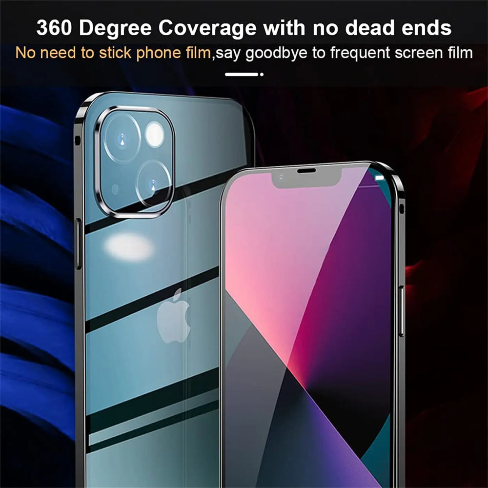 iPhone 14 Hülle, transparent, Metallrahmen, Vorder- und Rückansicht, mit Glas