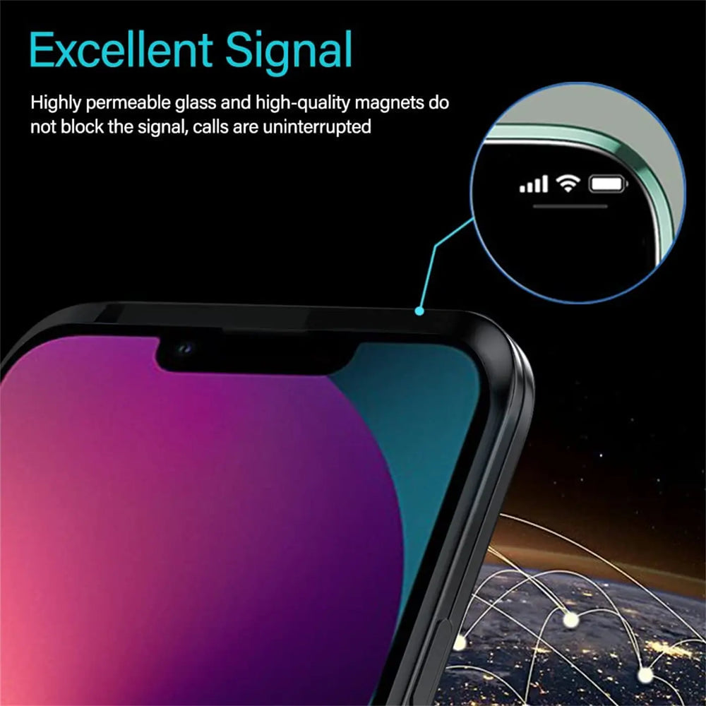 iPhone 14 Hülle, schwarz, Metall/Glas, Nahaufnahme, zeigt Signalstärkeanzeige