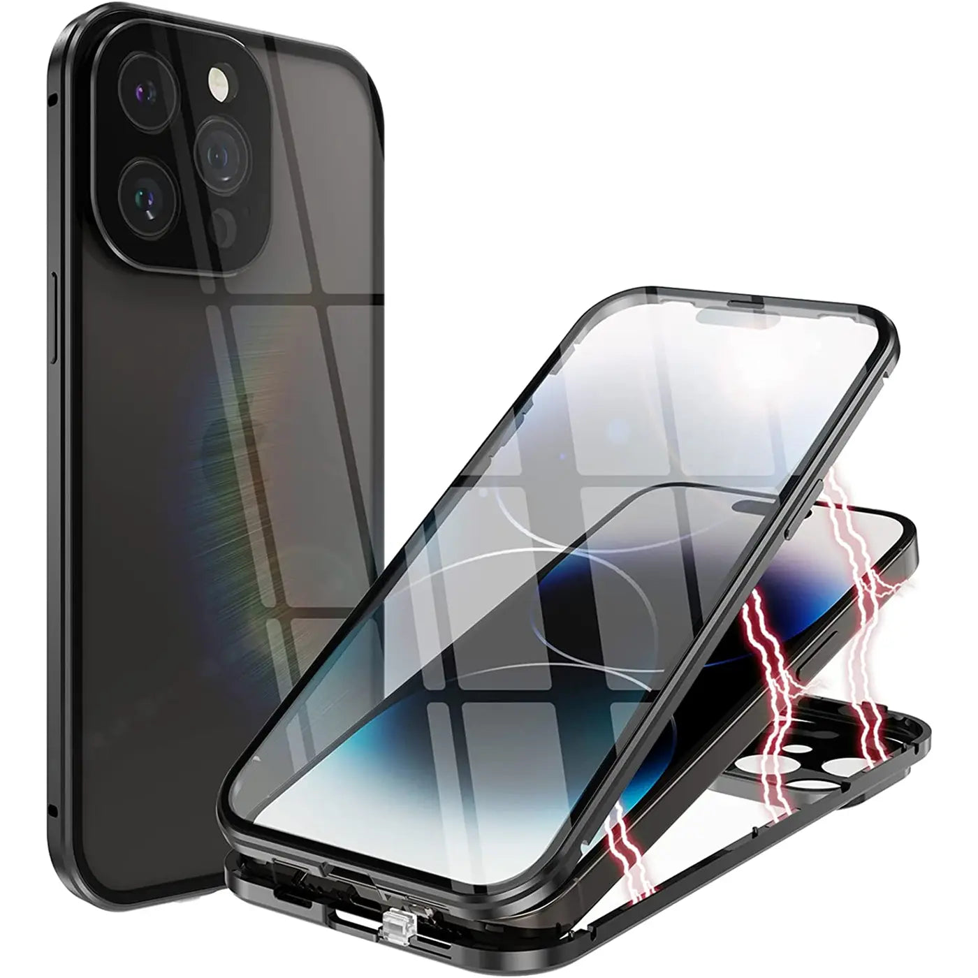 Schwarze Magnet Hülle aus Glas und Metall für iPhone 14 Pro, von vorne schräg gezeigt.